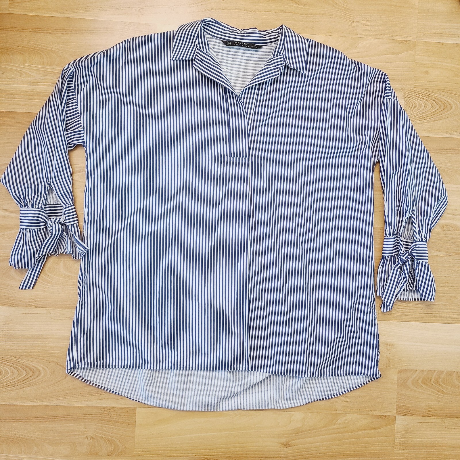 Zara Blouse Medium Basic Collection Navy White St… - image 1