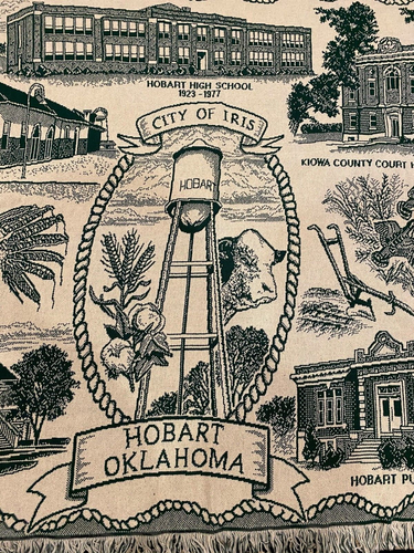 Hobart Oklahoma Tapestry Blanket City of Iris White Green Vintage Library Museum - Picture 5 of 9