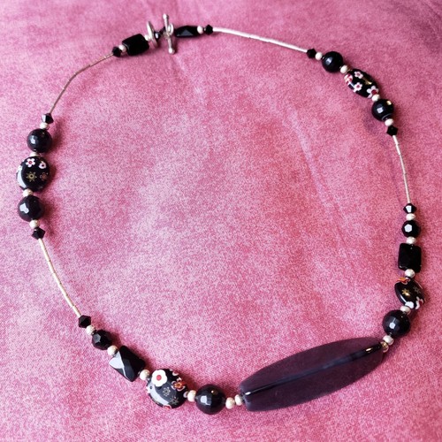 Vintage Millefiori Glass Black Obsidion Beaded Flower Silver Toggle Necklace N2 - Imagen 2 de 11