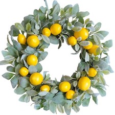 18 Inch Yellow Lemon Spring Summer Wreath for Front Door, Lamb Ears Leaves wi...