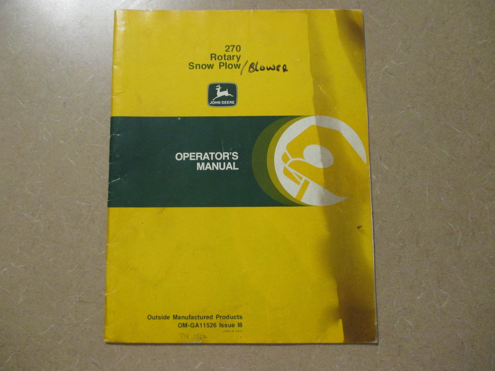 John Deere 270 snow blower owners & maintenance manual
