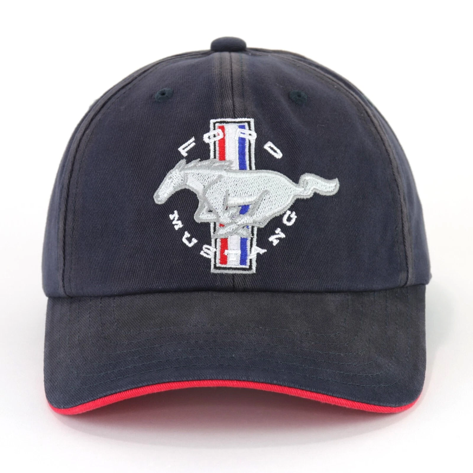 Ford Mustang Tri-Bar Pony Blue Chemical Washed Embroidered Baseball Hat Ball Cap