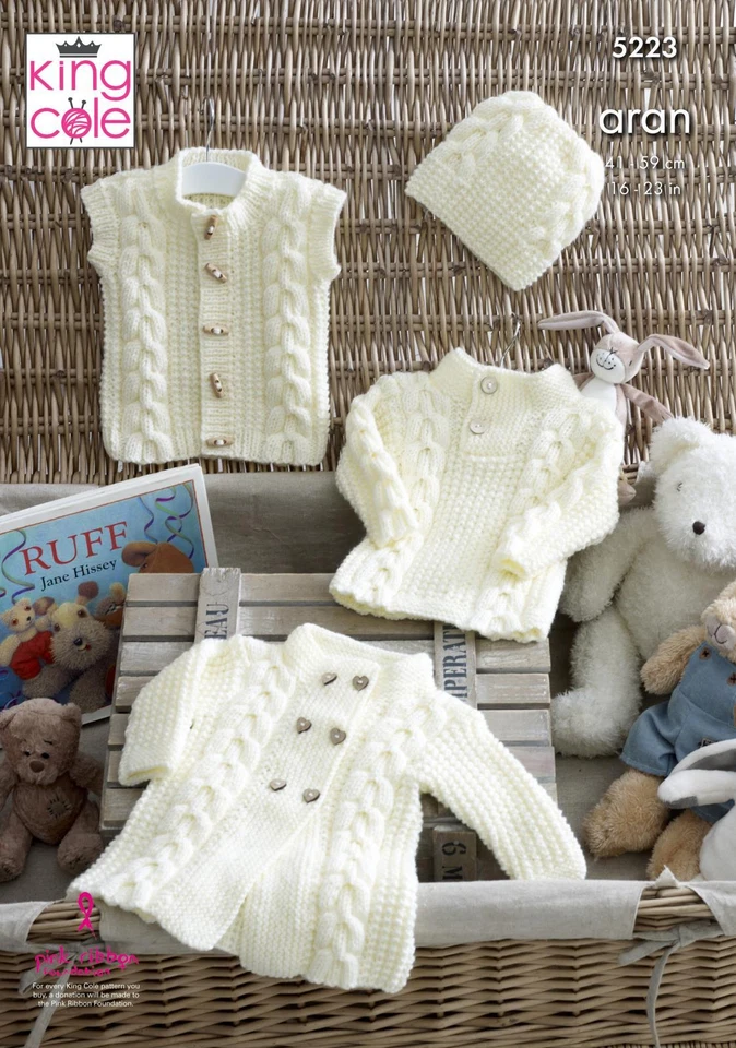 King Cole 5223 Knitting Pattern Baby Sweater Coat Gilet and Hat in Comfort Aran