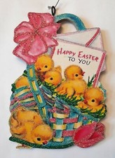 COLORFUL BASKET of YELLOW CHICKS * Glitter EASTER ORNAMENT * Vtg Img