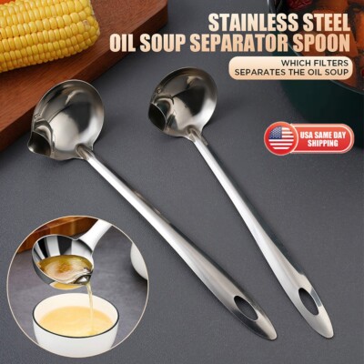 2x Stainless Steel Soup Fat Oil Separator Ladle Skimmer Filter Long Handle Spoon