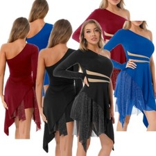 Womens One Shoulder Long Sleeve Latin Dance Dress Asymmetrical Hem Tango Cha cha