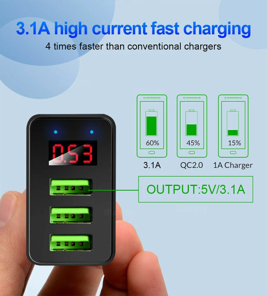 3 Port Fast Quick Charge 3.0 USB Hub Wall Charger Power Adapter Plug LED 5V/3A - Image 2 of 4
