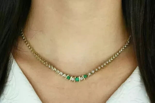 Stunning 24ct Simulated Emerald Tennis Necklace in 14k Gold Plated
