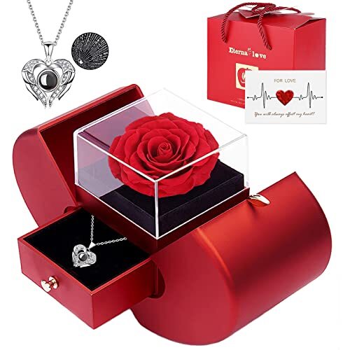 Preserved Real Rose with I love you Necklace 100 Languages, Gifts for Red - Picture 2 of 7