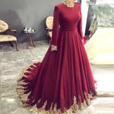 Burgundy A Line Muslim Wedding Dresses Long Sleeves High Neck Bridal Gowns