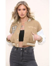 Womens Pu Leather Long Sleeve B Slogan Beige Cropped Baseball Jacket Bomber Coat