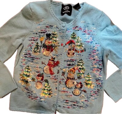Michael Simon Snowman Blue BEADED Bling Christmas Cardigan Sweater M Granny VTG