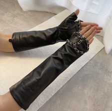 C H A N E L Women  s Long Leather Gloves Cut-Out Chain Detail Luxury Black