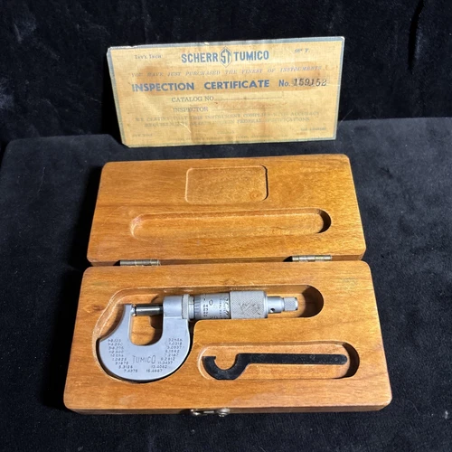 Vintage Scherr-Tumico 0-1” Micrometer Caliper & Wrench Made In USA Wood Case
