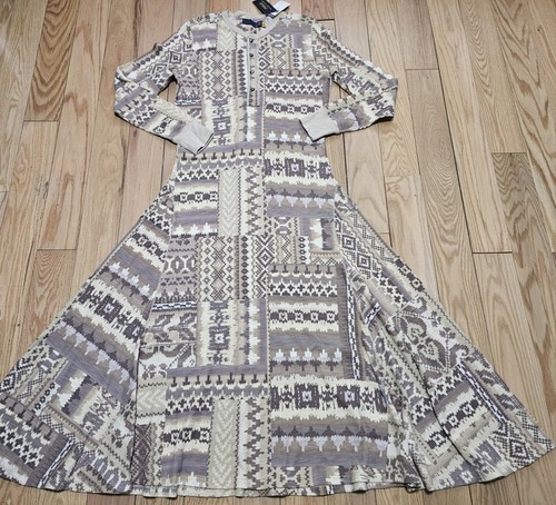 NWT Polo ralph Lauren Women's Tan Henley Maxi Aztec Native Print Dress SZ M