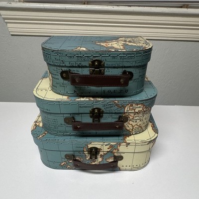 Set of 3 Vintage Map Print Nested Decorative Storage Boxes w/ Lids, Blue
