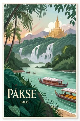 Exotische Pakse Stadt Laos Reise Poster - Südostasiatisches Abenteuer Kunstdruck A1-A4