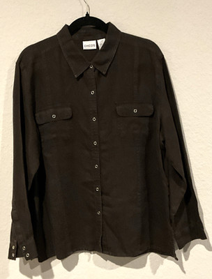 Chico s Women's Collard 100% Linen Shirt Button Long Sleeve Brown Plus Size 3