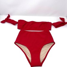 J Crew Bikini Womens Small Off The Shoulder Bikini Set Cherry Red Pique Nylon
