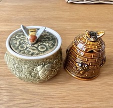 Pair Of Vintage Bee Honey Pots / Trinket Jars Beehive Basket & Secla Portugal