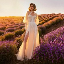 Boho Wedding Dress Side Split Beach Bridal Gown High Neck Long Sleeve Lace Tulle