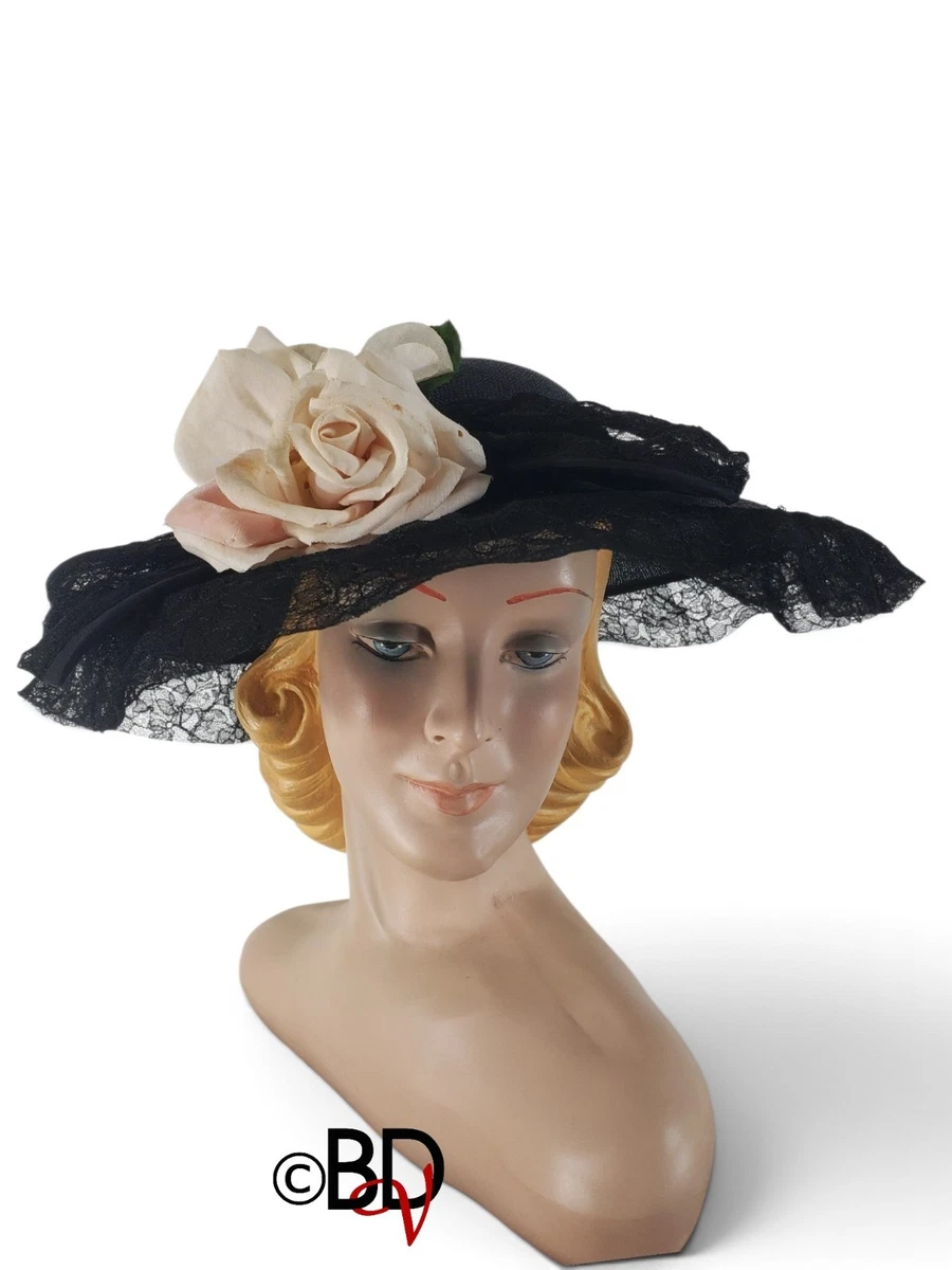 淡粉色手作宽檐礼帽｜复古蕾丝刺绣帽 蕾丝宽边复古帽子女| eBay