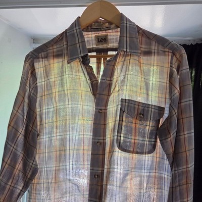 Vintage Lee Shirt Mens Medium Grey Plaid Western Button Up Paper Thin 80s