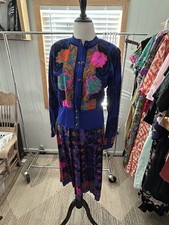 Vtg 80s Anne Crimmins Purple 100 Silk Skirt Suit  Cardigan Embellished Size S
