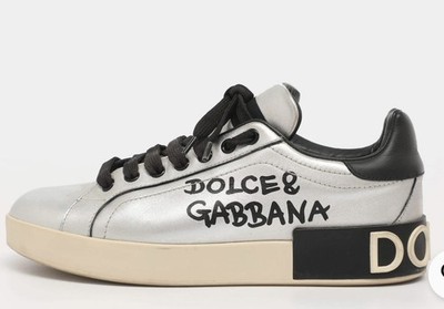 DOLCE & GABBANA Shoes Silver Portofino Calf Leather Sneakers Mens EU40 / US7