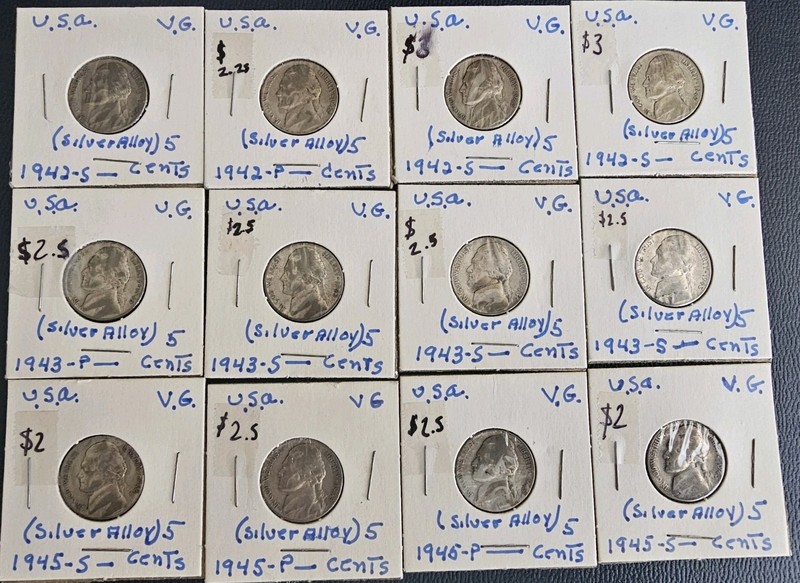 Jefferson War Nickels 1942,1943 &1945 35%Silver Mixed Dates/Mint Marks.Lot of 12
