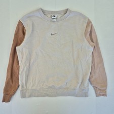 NIKE Jumper Medium Beige Womens Pullover Sweatshirt Logo Loose Fit