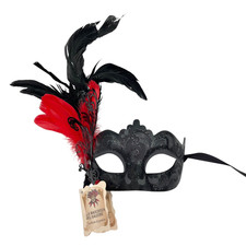 La Maschera Del Galeone Venetian Masquerade Mask Hand Painted Black Red Feather