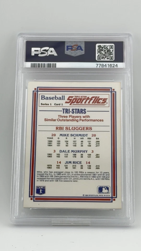 1986 Sportflics RBI Sluggers Promo #1 — Murphy / Rice / Schmidt — PSA 7 - Image 2 of 2