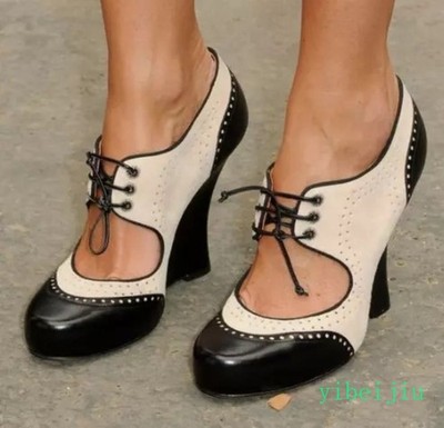 Women's Lace Up Two Tone Color Splicing Mary Jane High Heel Shoes Roman Vintage