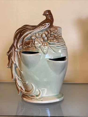 Vintage McCoy Bird Of Paradise Peacock Green Brown Pottery Planter Mint