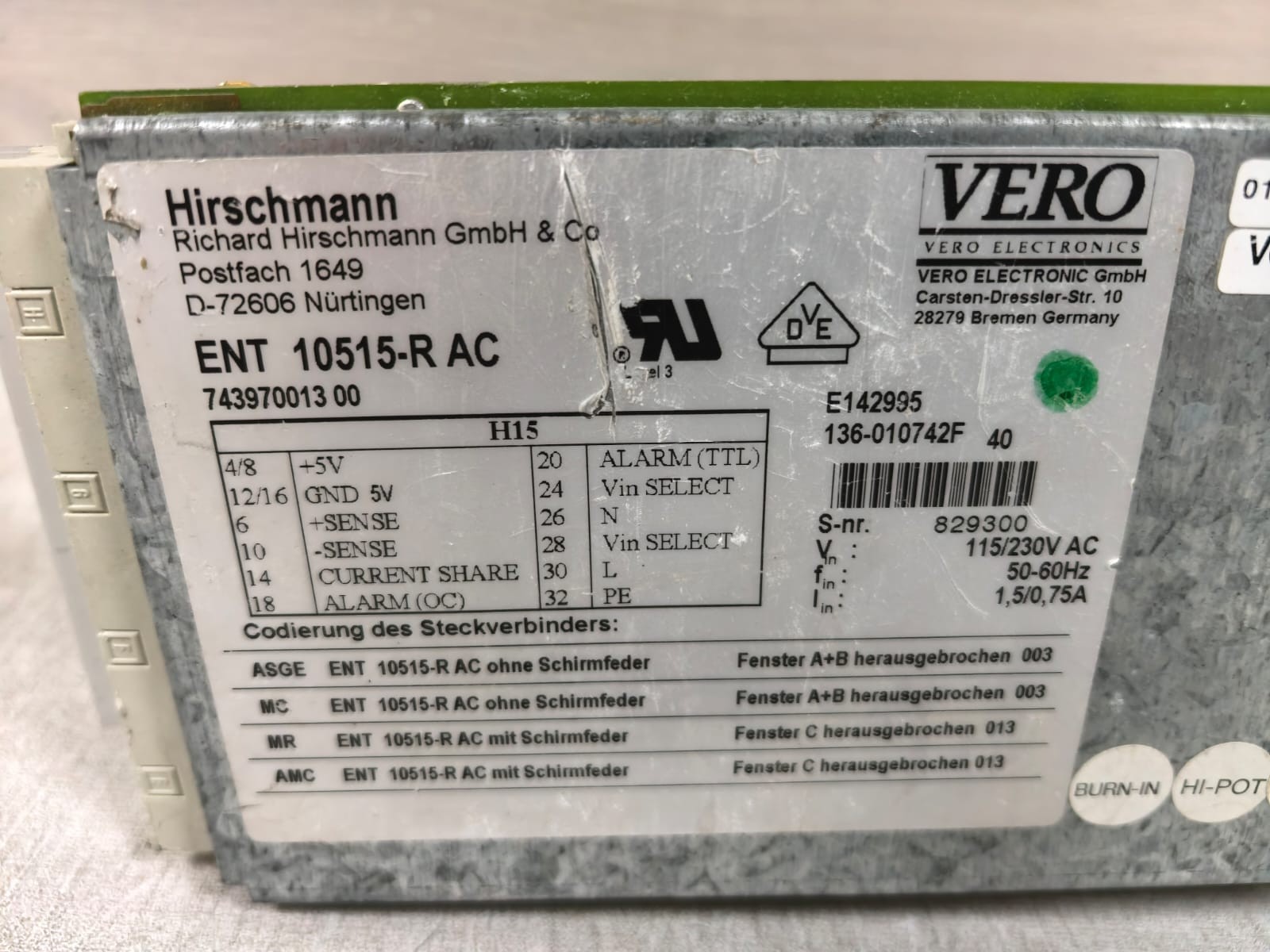 HIRSCHMANN ENT 10515-R AC 7439700013 00 HIRSCHMANN ENT 10515-R AC 7439700013 00 POWER SUPPLY MODULE 7