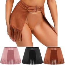 Womens Faux Suede Fringe Skirt With Adjustable Waist Belt Clubwear For Festivals