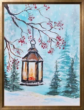 Winter Lantern Glow Painting | Original 16x20 Cozy Winter Scene Snow Acrylic