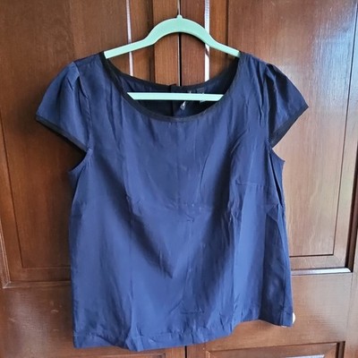 Mango Navy Blue Solid Blouse Short Sleeve Button Back Round Neck Size M