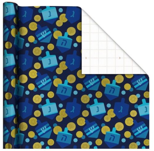 Hallmark Wrapping Paper Hanukkah Dreidels and Gelt Metallic Navy Blue 22.5 sq ft - Picture 2 of 6