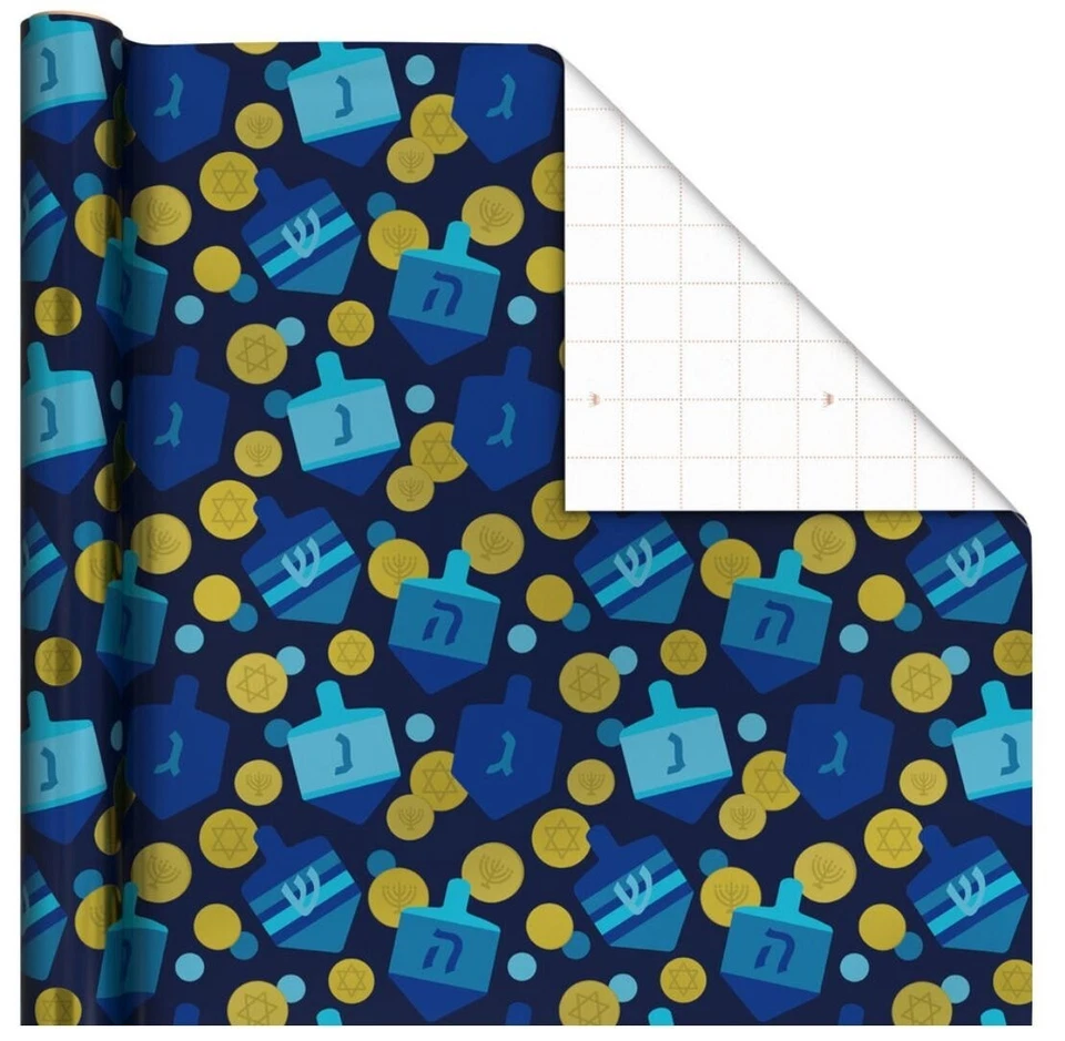 Hallmark Wrapping Paper Hanukkah Dreidels and Gelt Metallic Navy Blue 22.5 sq ft - Image 2 of 4