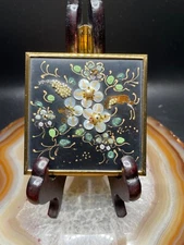 Vintage Enamel Mother of Pearl Compact Mirror Elgin American Black Gold Case Inc