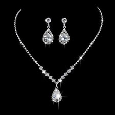 Bride Wedding Necklace Earrings Set Silver Rhinestones Bridal Statement Necklace