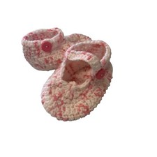 Handmade Pink White Crochet Knitted Newborn Baby Girls Shoes, Mary Jane Style