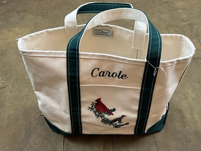VTG LL Bean Boat & Tote Bag Bird Embroidery Reusable Green Bag Canvas Carole M