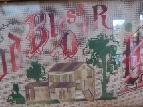Antique Victorian Needlepoint Embroidered Folk Art Sampler GOD BLESS OUR Home  - Picture 4 of 9