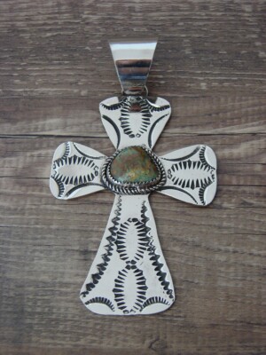 Navajo Indian Nickel Silver Turquoise Cross Pendant Signed JC