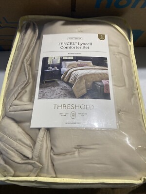 Threshold Comforter Set Lyocell Satin Cooling Solid TENCEL, Khaki, Full/Queen