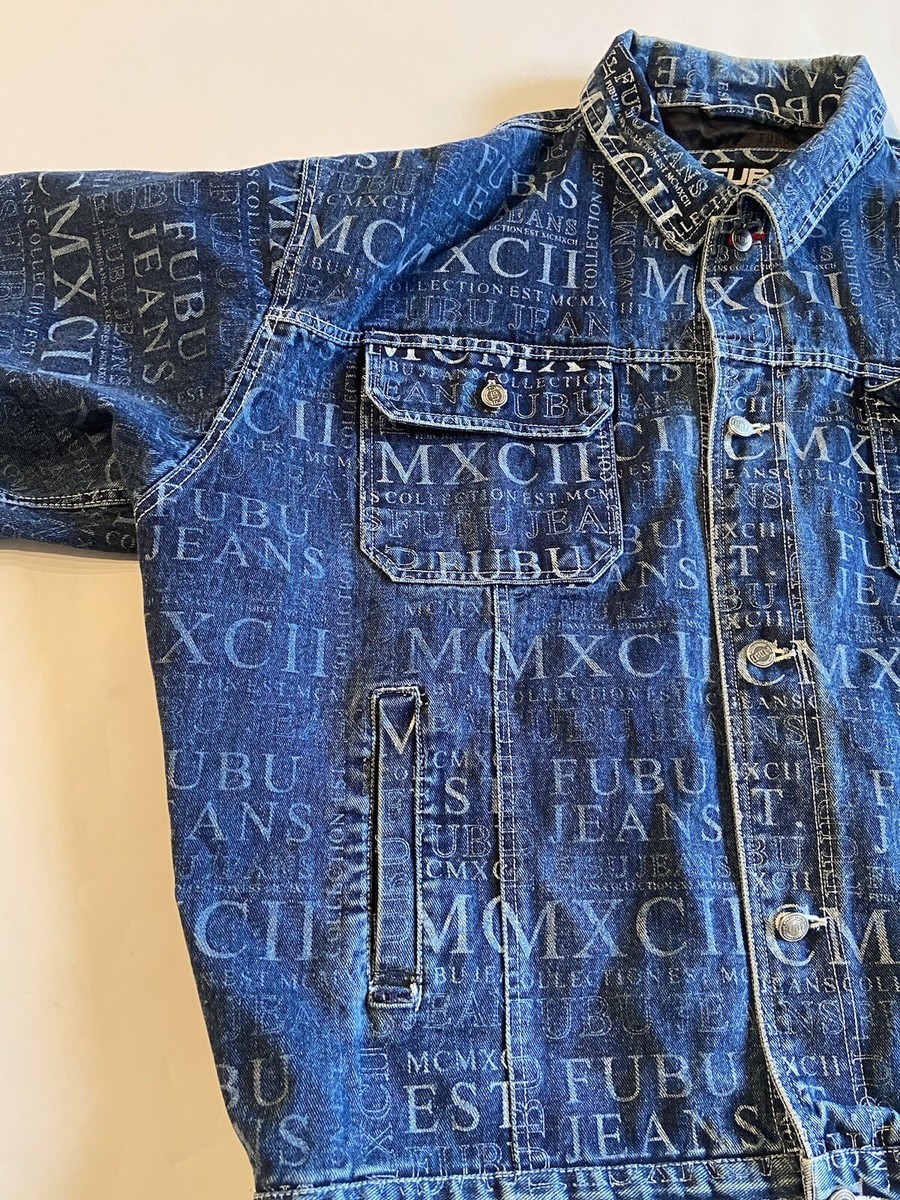 希少 FUBU denim jacket XL size Vtg FUBU Denim Jacket All Over Print Size 3XL MCMXCII Jeans