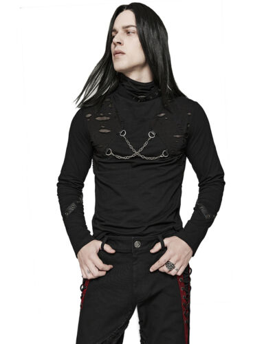 Camiseta Top Punk Rave Para Hombres Cadenas Góticas Apocalípticas Manga Larga Triturada Negra - Imagen 7 de 13